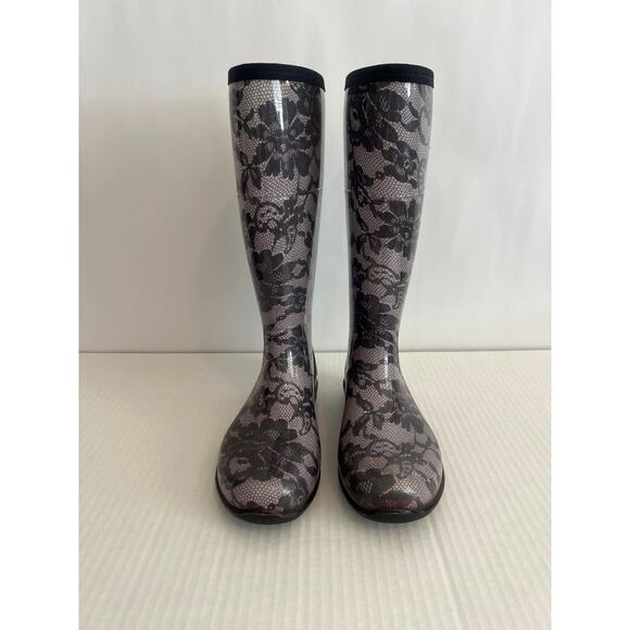 Kamik Tall Rubber Rain Boots Wellies Black Lace Print Womens Size 8 - Picture 2 of 11